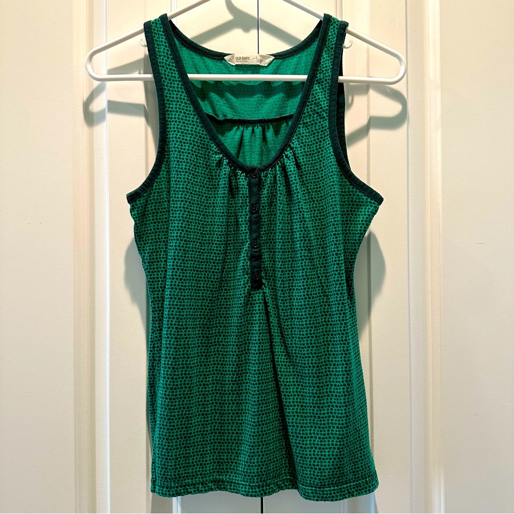 Old Navy Ruched Henley Green Polka Dot Tank Top S